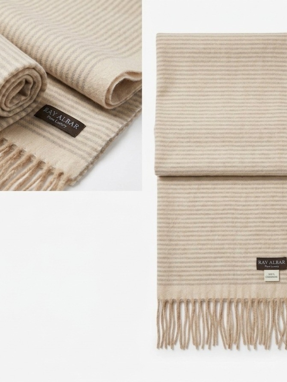 Unisex Beige Striped Cashmere Scarf